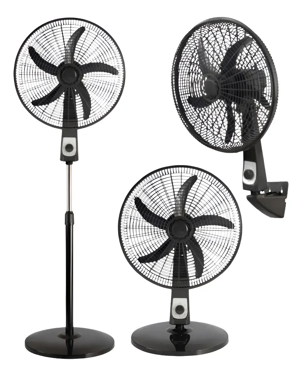Imagen ilustrativa de las 3 funciones (de pie, turbito y de pared) que trae este Ventilador Everest_18 pulgadas - 3 en 1 - Proveeduría de la Mutual del Club Atlético Pilar.webp