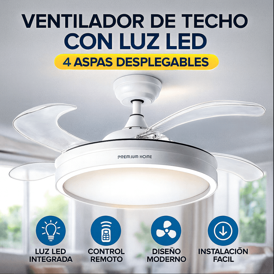 VENTILADOR DE TECHO RETRACTIL PREMIUM HOME LUZ LED PLATA